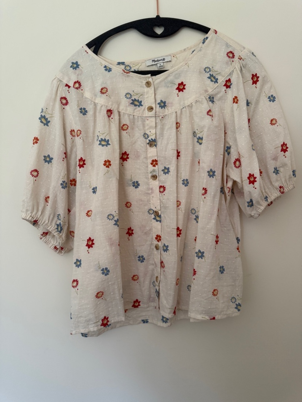 Madewell Cream Button-Front Floral Peasant Blouse